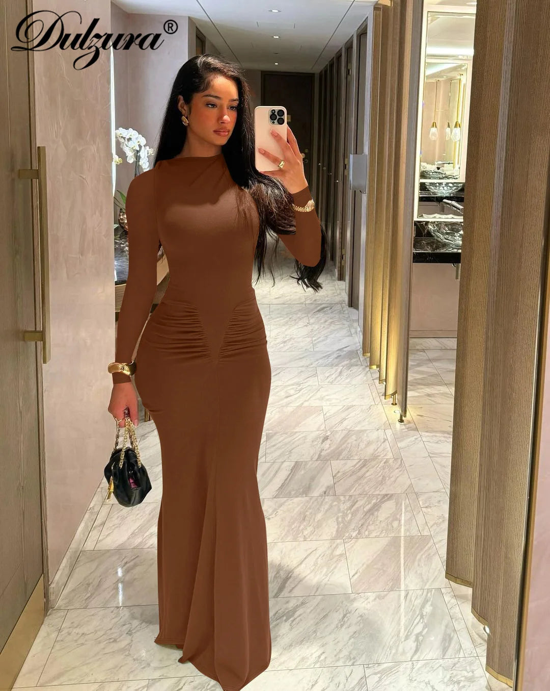 Dulzura Elegant Solid Long Sleeve Maxi Dress Bodycon Ruched Simple Women Clothes Cocktail Evening Party Dresses Y2K Wholesale