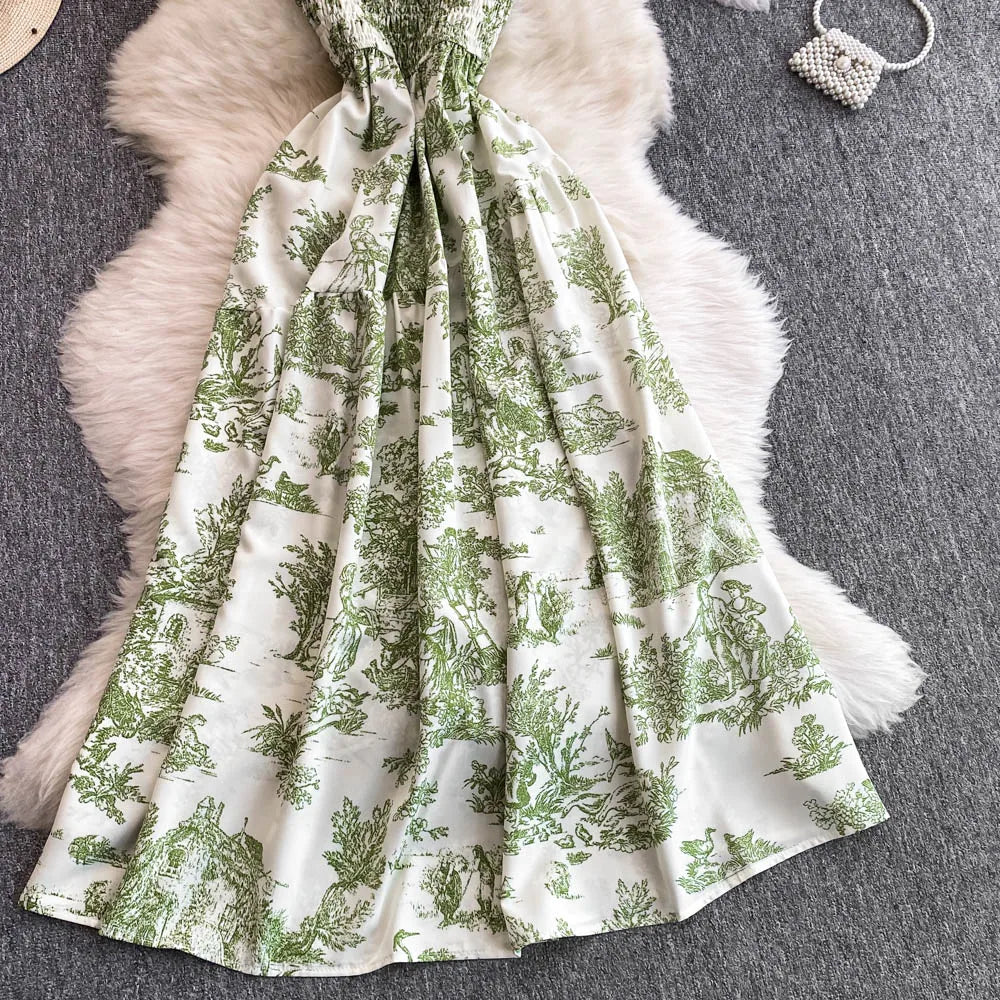 Retro Floral Print Off-oulder Chiffon Dr Women's Elastic Waist Slimming Beach Vaion Beachside Mid-Length Gown