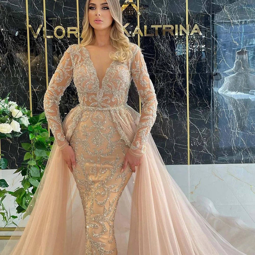 Women's Luxurious Gold Sequin Appliques Evening Dress Sexy Deep V-Neck Long Sleeve Elegant Prom Gown Mesh Formal Wedding Dresses