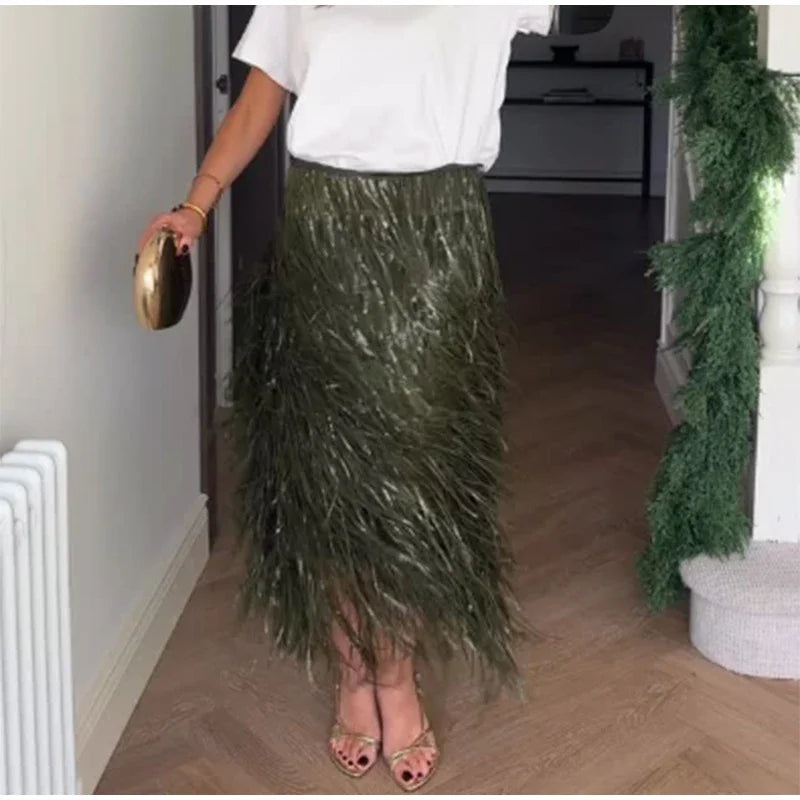 Green Tassel Sequin Long Skirt Women Fashion High Waist A-line Loose Shiny Skirts 2026 Spring Lady Chic Party Club Clothes Gown