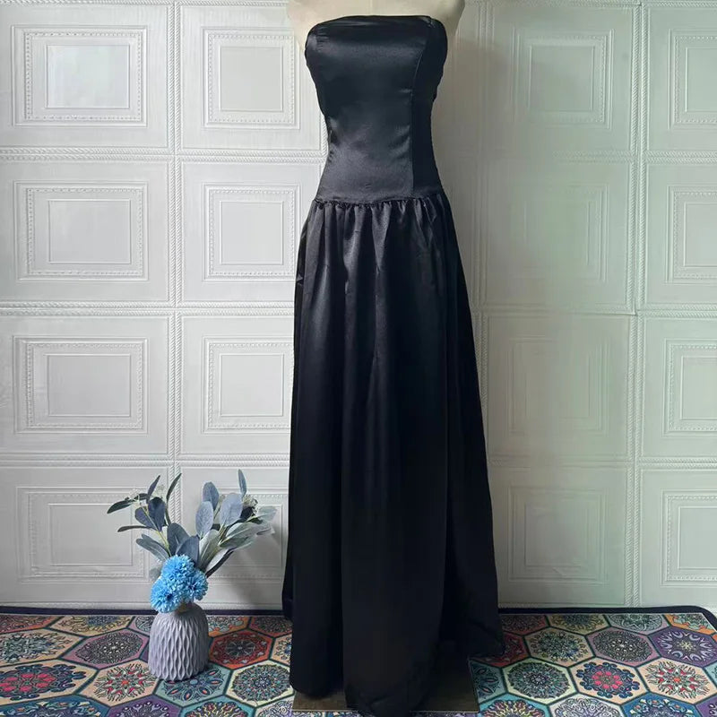 2025 Spring Summer Backless Hollow Long Dress Luxury Solid Strapless Evening Dress Sexy Off Shoulder Sleeveless Loose Maxi Dress