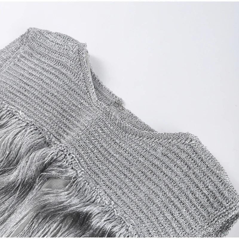 Sexy Sequin Tassel Evening Dresses Women Vintage Solid Sleeveless O-neck Slim High Waist Long Dress Lady 2025 Chic Party Vestido