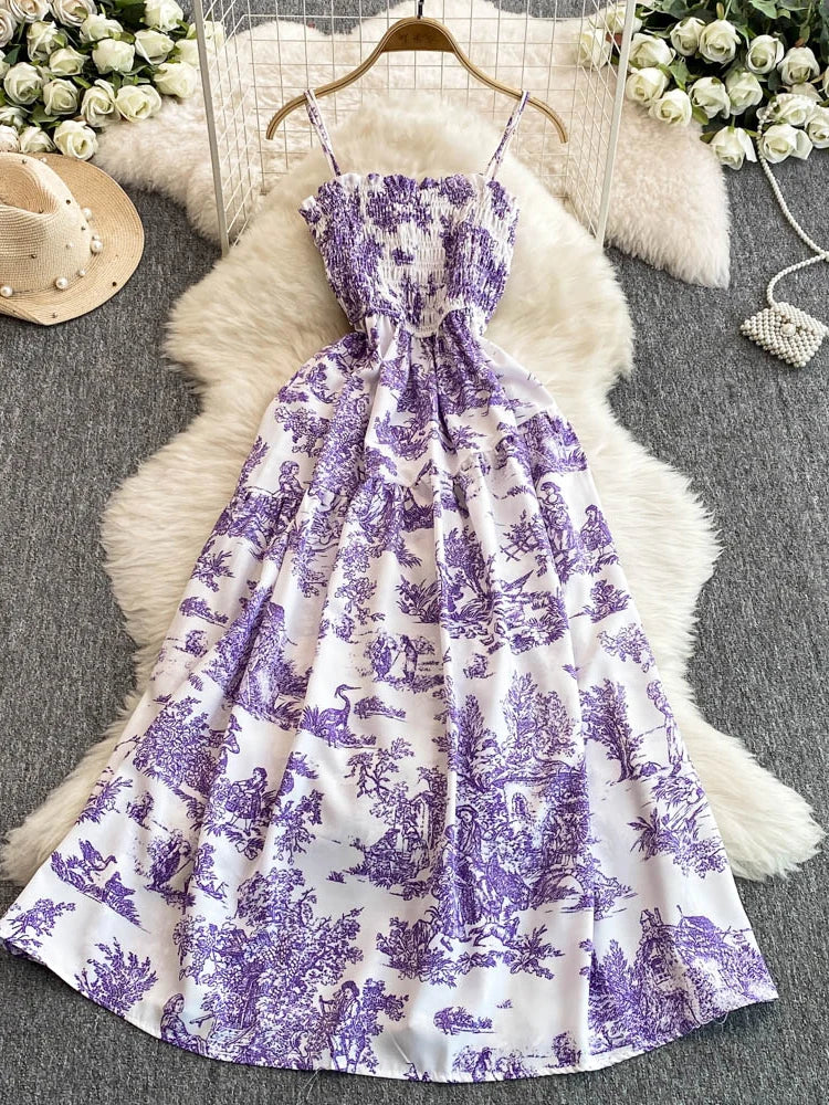 Retro Floral Print Off-oulder Chiffon Dr Women's Elastic Waist Slimming Beach Vaion Beachside Mid-Length Gown