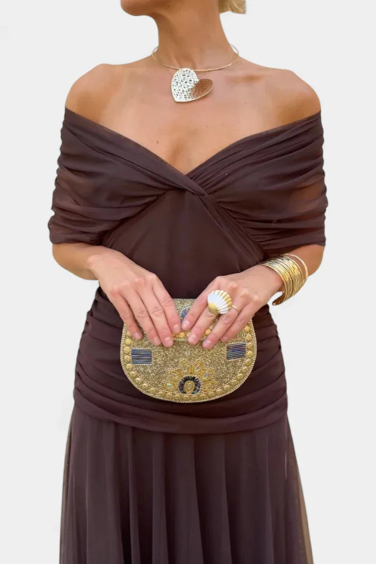 New Floral Print Mesh Women's Long Dresses Fashion V-neck Off Shoulder Pleated Party Dress Elegant Short Sleeved Bohemian Dress