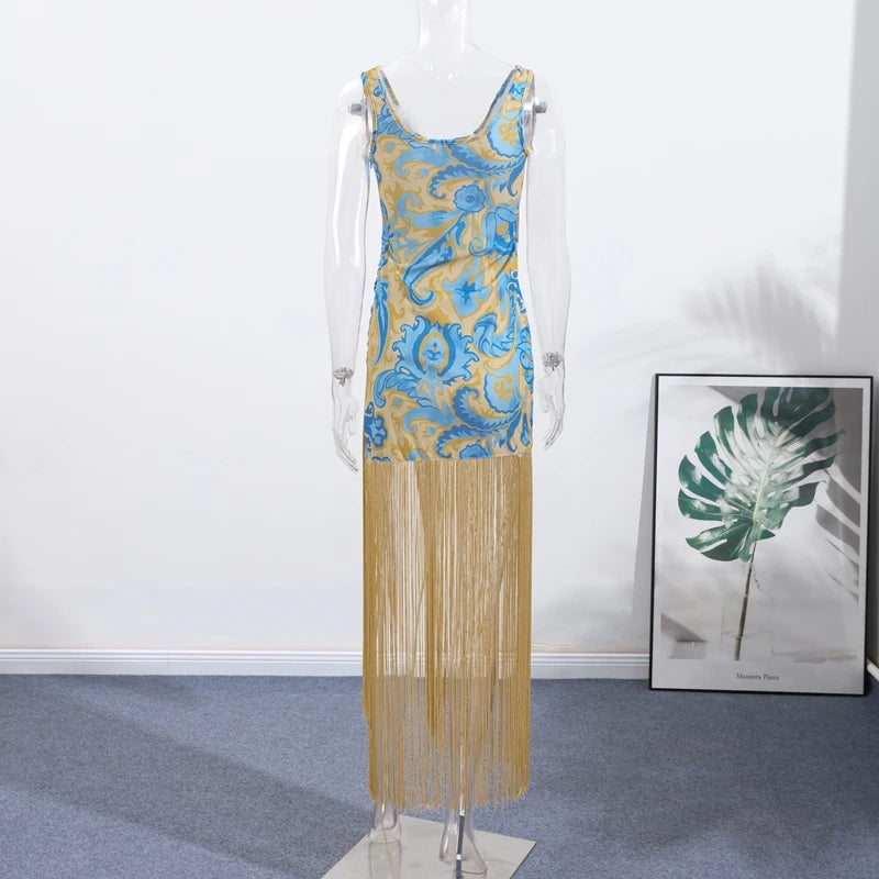 Fashion Tassels Print Long Dress For Women O-neck Sleeveless Patchwork Irregular Slip Vestidos 2025 Summer Female Beach Dresses