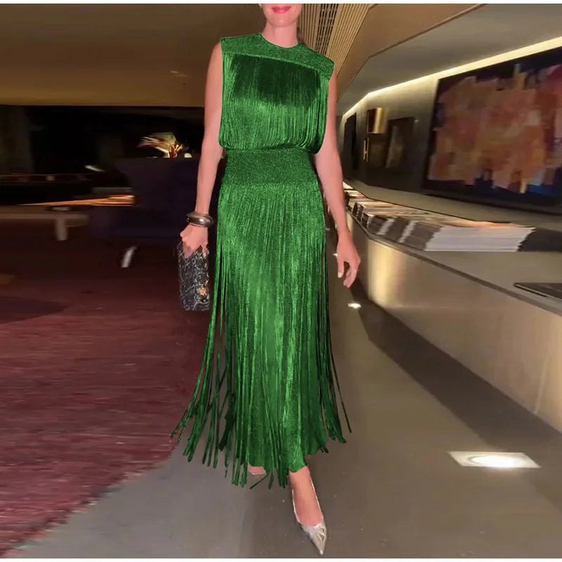 Sexy Sequin Tassel Evening Dresses Women Vintage Solid Sleeveless O-neck Slim High Waist Long Dress Lady 2025 Chic Party Vestido