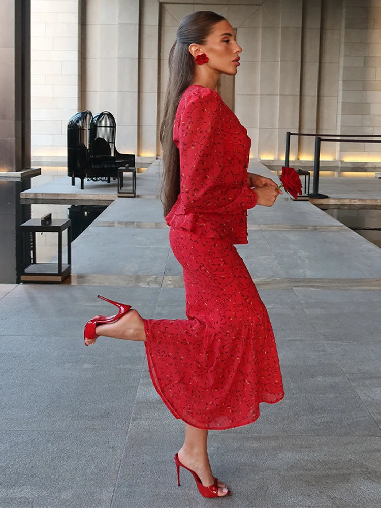 Elegant Print Skirt Suit Women V-neck Full Sleeve Slim Top Long Hip Package Skirts Set Spring Fashion Lady Vacation Outfit