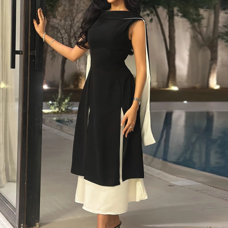 Chic Women Slim Ribbon Evening Dress Spring Summer New Color Blocked Banquet Dress Elegant High Waist O Neck Vintage Long Dress