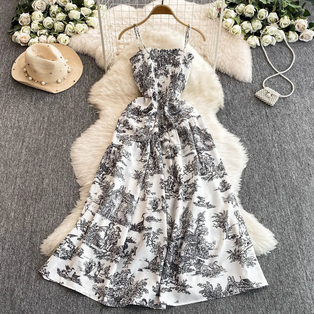 Retro Floral Print Off-oulder Chiffon Dr Women's Elastic Waist Slimming Beach Vaion Beachside Mid-Length Gown