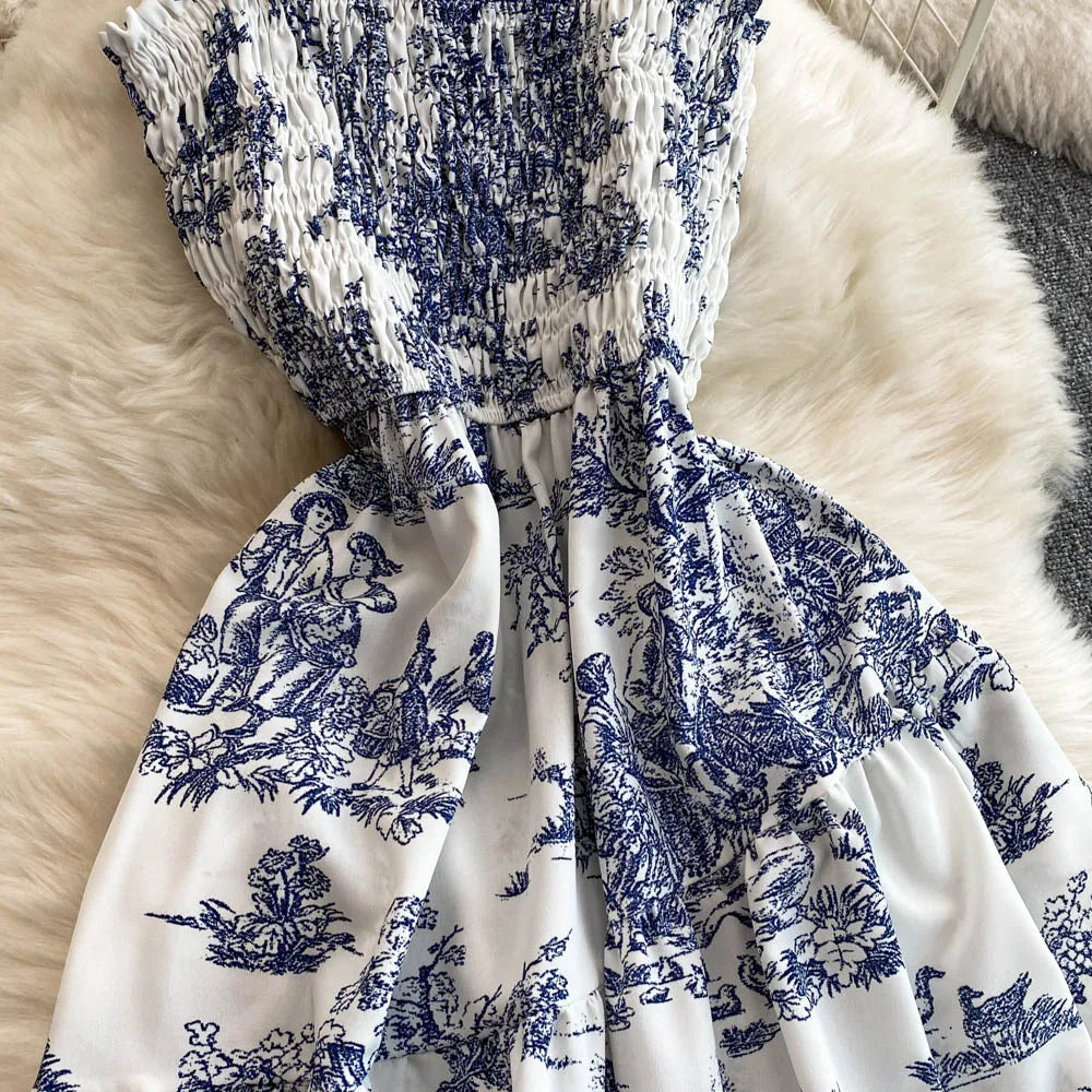 Retro Floral Print Off-oulder Chiffon Dr Women's Elastic Waist Slimming Beach Vaion Beachside Mid-Length Gown