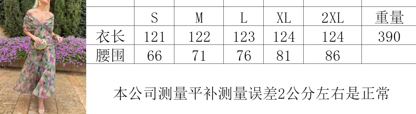 New Floral Print Mesh Women's Long Dresses Fashion V-neck Off Shoulder Pleated Party Dress Elegant Short Sleeved Bohemian Dress