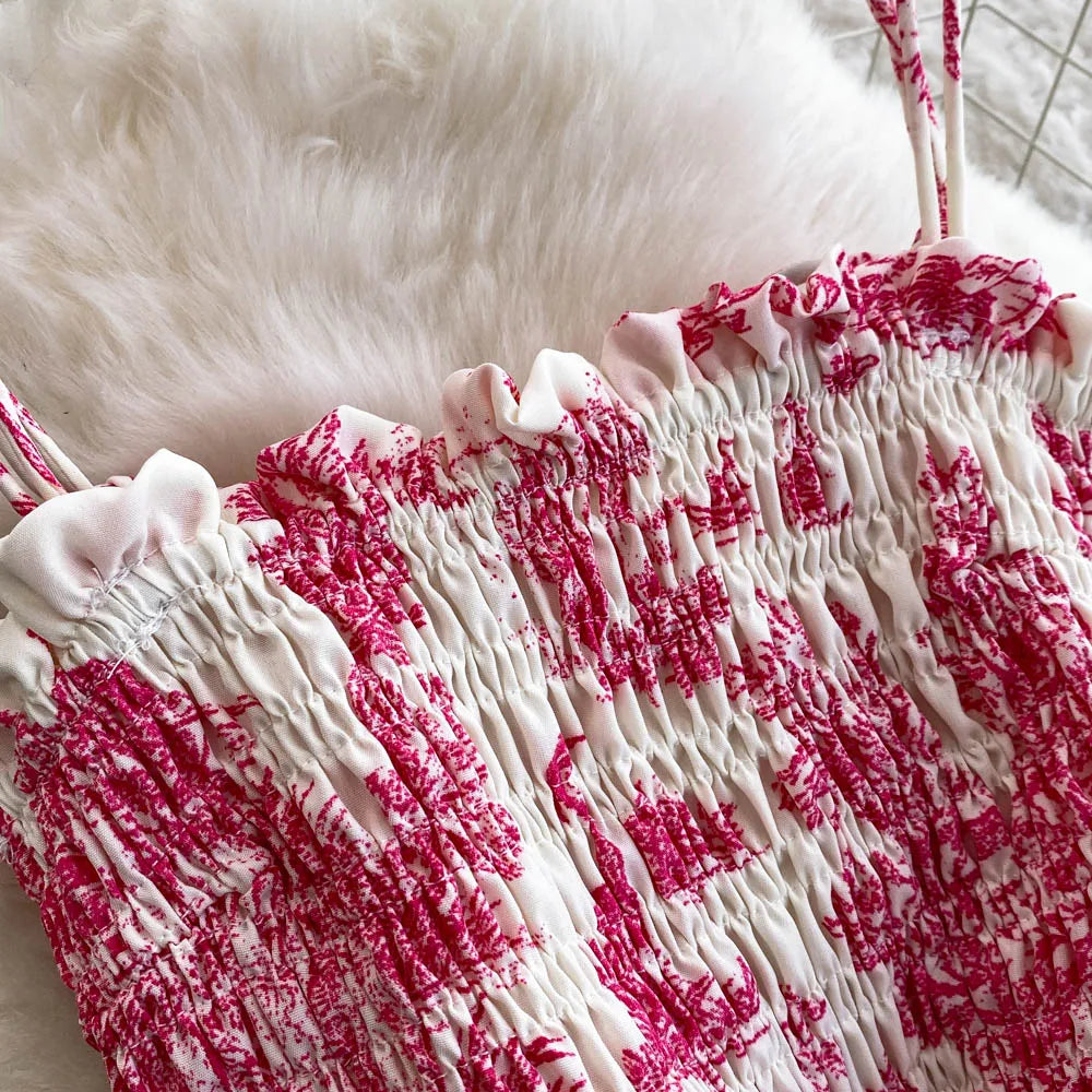 Retro Floral Print Off-oulder Chiffon Dr Women's Elastic Waist Slimming Beach Vaion Beachside Mid-Length Gown