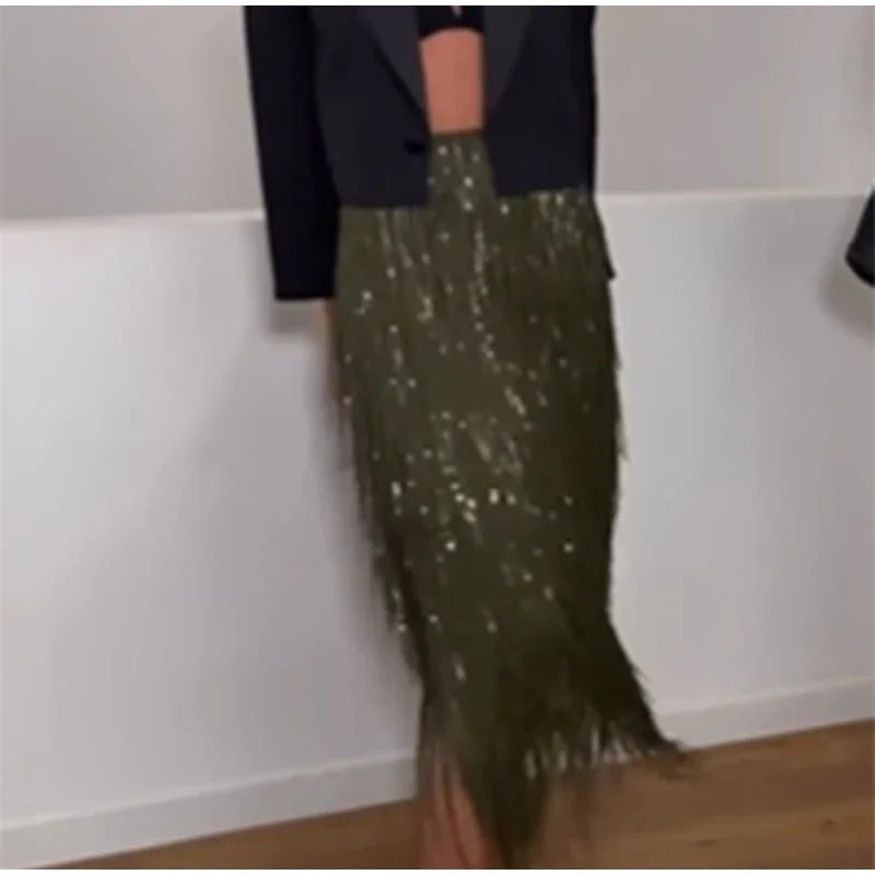 Green Tassel Sequin Long Skirt Women Fashion High Waist A-line Loose Shiny Skirts 2026 Spring Lady Chic Party Club Clothes Gown