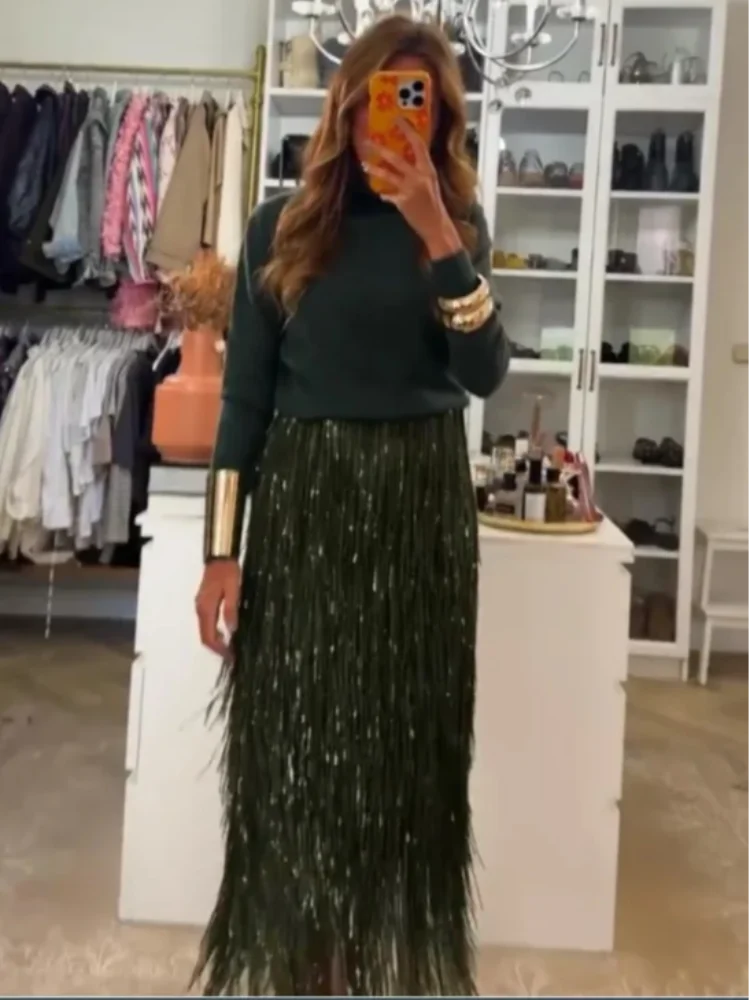Green Tassel Sequin Long Skirt Women Fashion High Waist A-line Loose Shiny Skirts 2026 Spring Lady Chic Party Club Clothes Gown