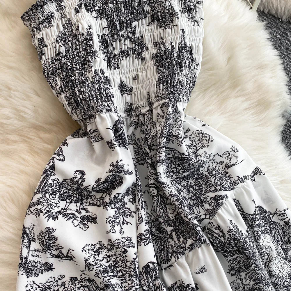 Retro Floral Print Off-oulder Chiffon Dr Women's Elastic Waist Slimming Beach Vaion Beachside Mid-Length Gown