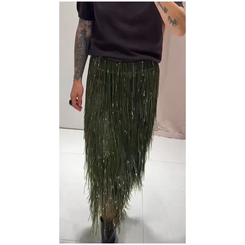 Green Tassel Sequin Long Skirt Women Fashion High Waist A-line Loose Shiny Skirts 2026 Spring Lady Chic Party Club Clothes Gown