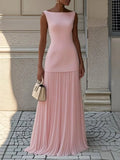 Women Elegant Solid Splice Pleated Skirts Set Sexy Slash Neck Sleeveless Tank Boho Dress Summer Hollow Slim Maxi Skirts