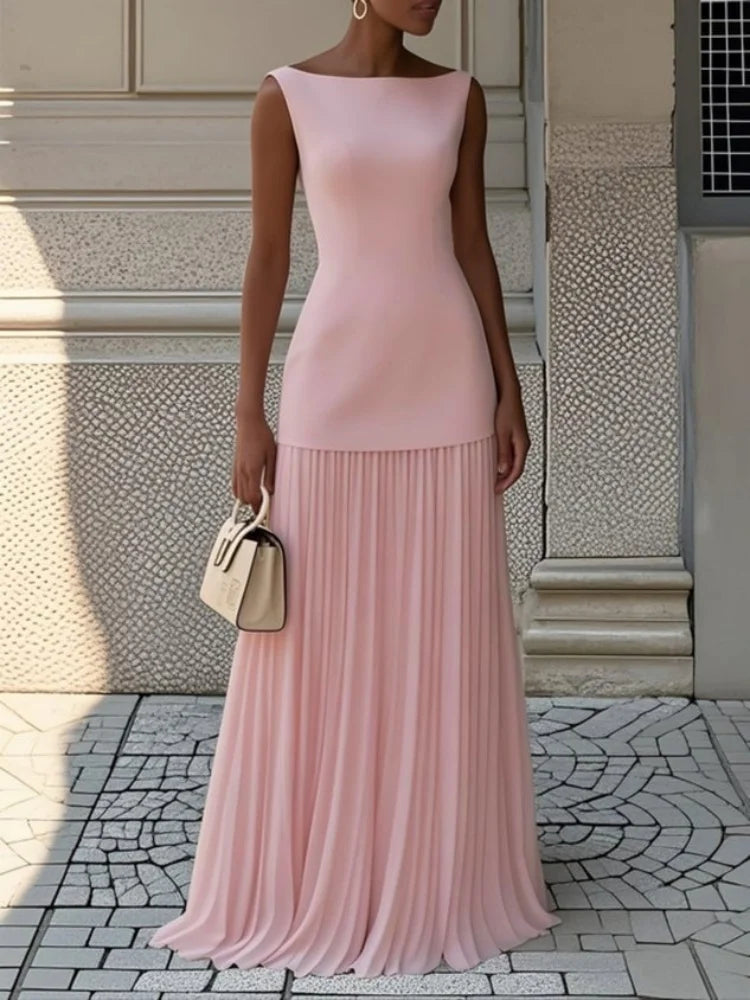Women Elegant Solid Splice Pleated Skirts Set Sexy Slash Neck Sleeveless Tank Boho Dress Summer Hollow Slim Maxi Skirts