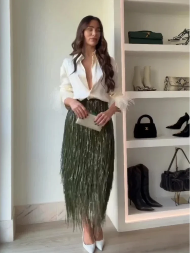Green Tassel Sequin Long Skirt Women Fashion High Waist A-line Loose Shiny Skirts 2026 Spring Lady Chic Party Club Clothes Gown