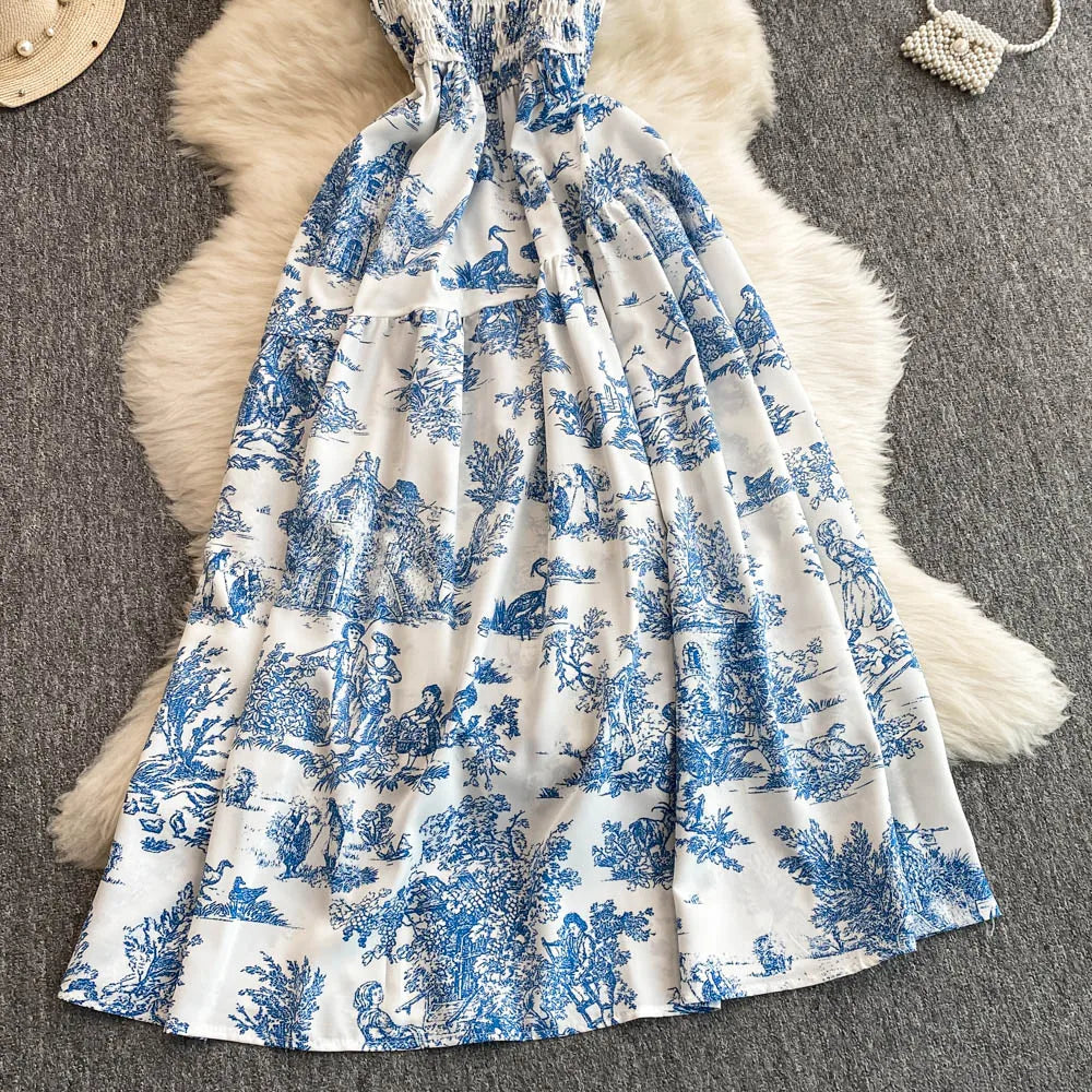 Retro Floral Print Off-oulder Chiffon Dr Women's Elastic Waist Slimming Beach Vaion Beachside Mid-Length Gown