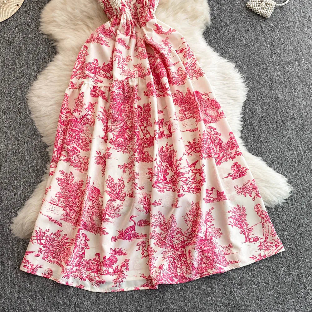 Retro Floral Print Off-oulder Chiffon Dr Women's Elastic Waist Slimming Beach Vaion Beachside Mid-Length Gown