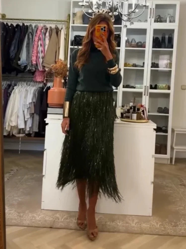 Green Tassel Sequin Long Skirt Women Fashion High Waist A-line Loose Shiny Skirts 2026 Spring Lady Chic Party Club Clothes Gown